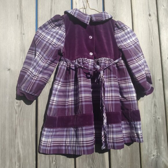 Vintage 80s Girls Dress Purple Plaid Velour 90s Prairie Pioneer Long Sleeves - Picture 8 of 10